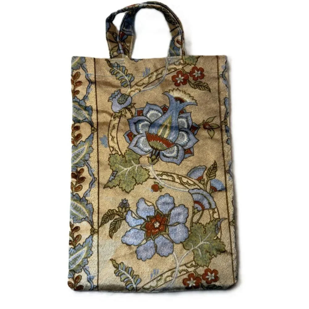 Handmade Velvet Floral Tote Bag Blue Gold Tapestry Mini Shopper Vintage Look
